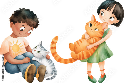 boy and girl with cat