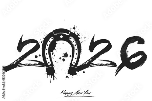 Numbers 2026 and a abstract horseshoe made of blots in grunge style. Design text logo Happy New Year 2026. Template for greeting card, banner, poster. Vector illustration on isolated background