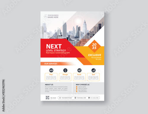Red and orange corporate flyer and brochure template, modern vector layout for business and advertising, layout in A4 size