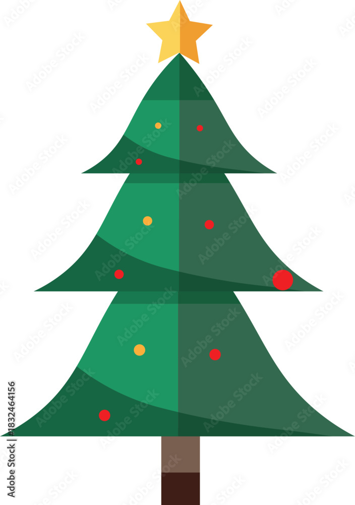 Fototapeta premium Layered Christmas tree with star and decoration flat icon