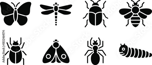 Black silhouette set of various insects butterfly dragonfly beetle bee ant moth caterpillar