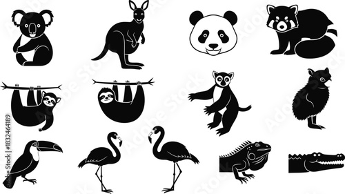 Black and white silhouette illustration of various animals from around the world