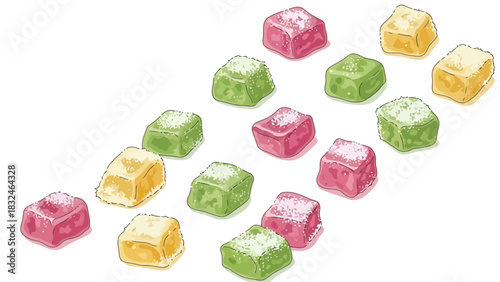 Colorful Assorted Fruity Candy Cubes in a Pattern Sweet Confectionery Delight sweet dessert indonesian food lupis traditional
