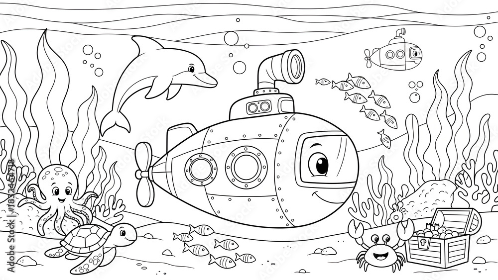 Fototapeta premium Submarine Coloring Page for Kids Featuring Ocean-Themed Underwater Scene Illustration with Nautical Elements, Sea Life, and Fun Educational Design