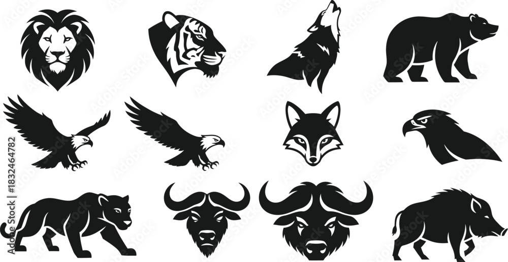 Fototapeta premium Collection of wild animal silhouettes lion tiger wolf bear and more