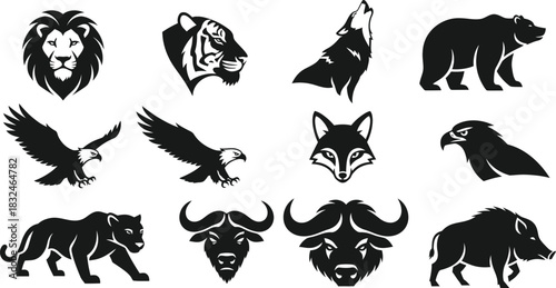 Collection of wild animal silhouettes lion tiger wolf bear and more