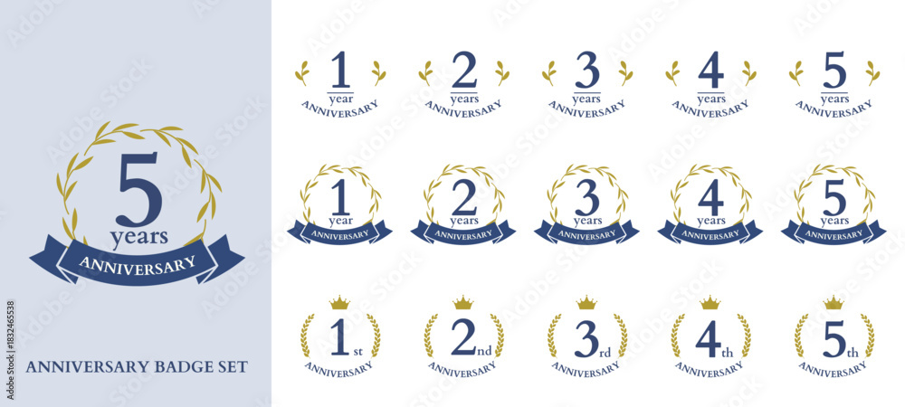 Fototapeta premium Minimal Anniversary Logo Set with Gold Laurel Wreaths, Botanical Elements, and Blue Ribbons – Simple Cute Editable Emblem Designs for Celebrations and Milestone Events