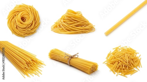 Assortment of uncooked pasta and spaghetti on a white background