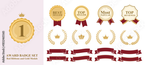 Red Ribbon Award and Ranking Badge Set with Laurel Wreaths, Gold Medals, and Text Options: Best Seller, Top Seller, Most Popular, Top Review, 4 Variations Each