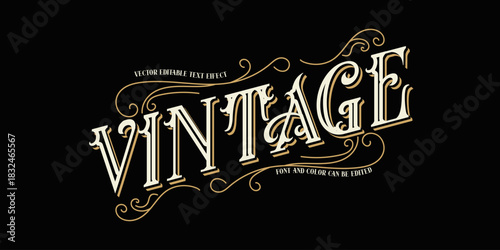 Vintage Editable Text Effect Vector with Ornamental Retro Typography and Swirls on Black Background