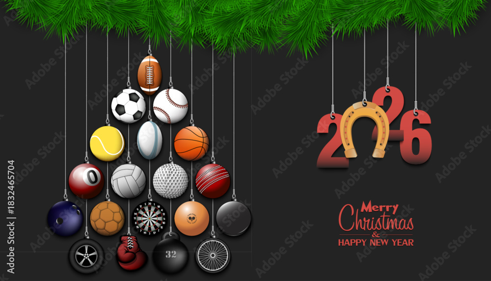 Fototapeta premium Happy New Year 2026. Soccer, football, basketball, tennis, baseball, volleyball, golf, bowling, billiard, cricket, rugby balls hanging on a Christmas tree branch. Vector illustration