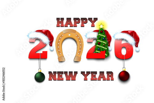 Happy new year. 2026 with horseshoe. Numbers in Christmas hats with Christmas tree balls. Original template design for greeting card. Vector illustration on isolated background