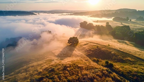 Aerial view of rolling hills and fields covered in a thick layer of fog at sunrise. The sun's rays are breaking through the mist, creating a beautiful and seren