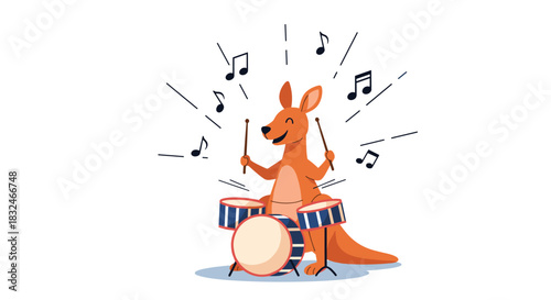 A cheerful orange cartoon kangaroo enthusiastically plays a drum kit, generating music indicated by floating notes and rhythmic lines.