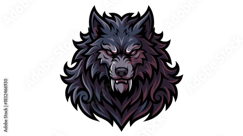 An intimidating illustration of a fierce gray wolf head with glowing red eyes, a perfect mascot emblem