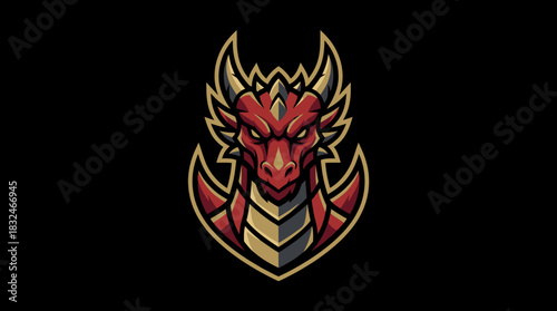 Fierce Red Dragon Head Illustration with Golden Accents on a Dark Background