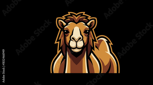 Bold and stylized vector illustration of a powerful desert camel's head, designed as a commanding mascot or emblem with an intense gaze