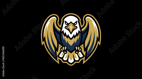 Fierce bald eagle with spread wings and sharp talons in a bold graphic emblem style illustration