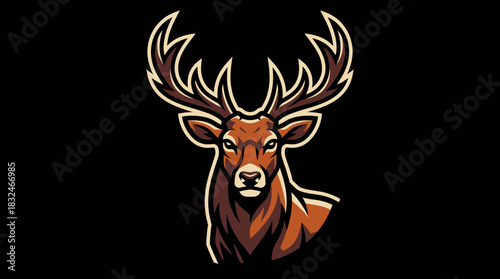 Regal stag mascot with formidable antlers, a powerful wildlife emblem illustration on dark background