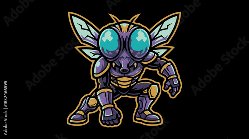 Mighty insect warrior mascot with big glowing eyes and yellow armor in a crouching action pose