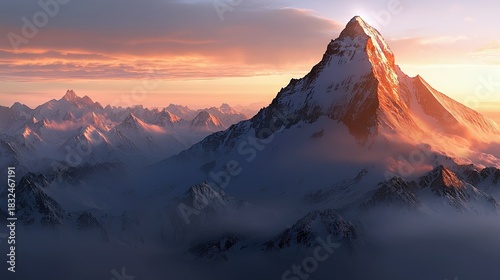 A majestic mountain range covered in snow, bathed in the warm light of a sunset, creating a dramatic landscape scene.