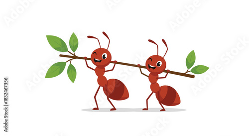 Two cheerful cartoon ants happily collaborate to carry a leafy branch, illustrating teamwork and shared effort in nature.