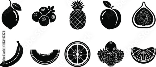 Monochrome fruit collection black and white vector illustration of various fruits
