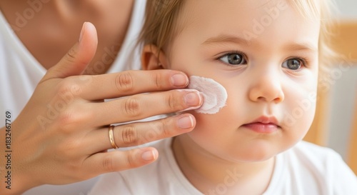 Caring mother applying cream to babys face for skincare routine.