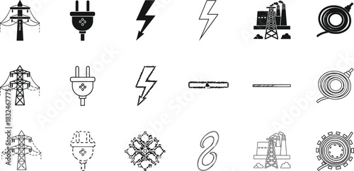 Electric power industry icons featuring towers, plugs, lightning symbols, power plants, and cable illustrations in mixed outline and silhouette style for energy design