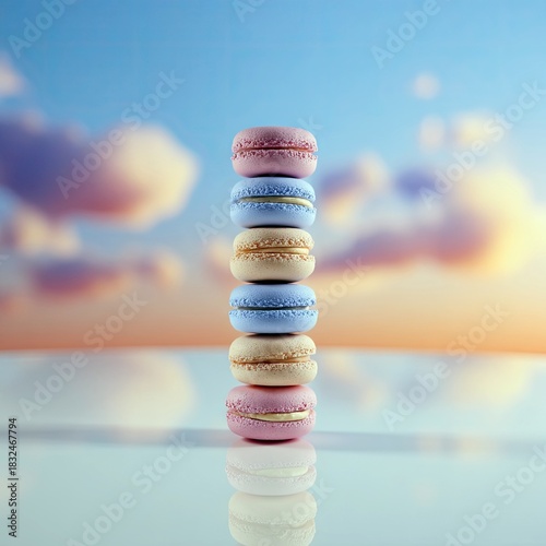 A stack of colorful macarons is reflected on a glossy surface, with a blurred sky background of clouds and sunset colors.