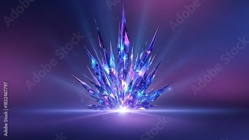 Stunning crystal formation radiating light against a vibrant purple and blue backdrop, perfect for adding a touch of futuristic elegance to your designs and presentations