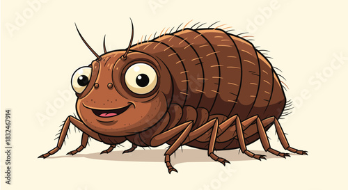 A happy, brown cartoon bug with a rounded body, large friendly eyes, and a cheerful smile, illustrated in a whimsical and approachable style.