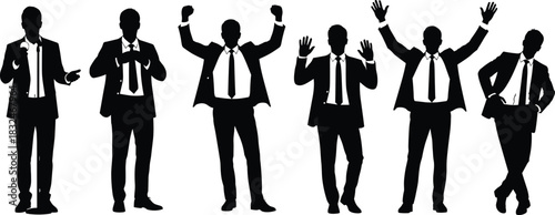 Set of businessman silhouettes in various poses, man in suit celebrating success, professional executive vector collection for corporate, leadership, and motivation concepts.