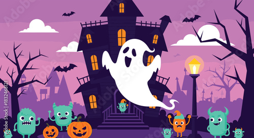 Cute cartoon monsters, a friendly ghost, and jack-o'-lanterns gather outside a spooky haunted house under a vibrant Halloween night sky.