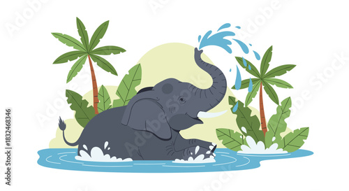 A cheerful cartoon elephant plays in a tropical river, splashing water from its trunk amidst lush palm trees and jungle foliage.