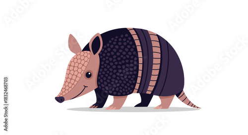 Stylized illustration of a cute armadillo with a patterned shell walking happily, isolated on a clean white background.