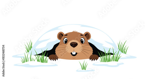 Cute cartoon groundhog peeking out of its snowy burrow with green grass shoots, celebrating the arrival of early spring.