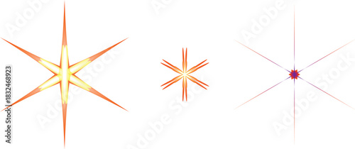 The image features three star-shaped objects, each with six points, arranged in a visually engaging manner. The leftmost star is the largest and stands out due to its vibrant yellow core