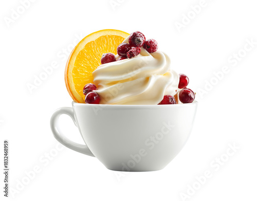 Elegant Frozen Dessert with Fresh Cranberries and Orange Slice in White Cup Transparent Background