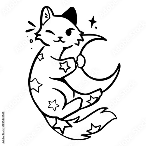 cosmic cat hugging crescent moon outline vector