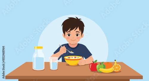 Happy young boy sitting at a wooden table eating a healthy breakfast of cereal with fresh fruit and a glass of water.