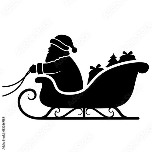 Vector Flat Xmas Sleigh Full of Gifts Outline. Simple Black and White Icon of Father Christmas in a Carriage, any marketing material requiring a classic, elegant image of Santa's gift delivery.