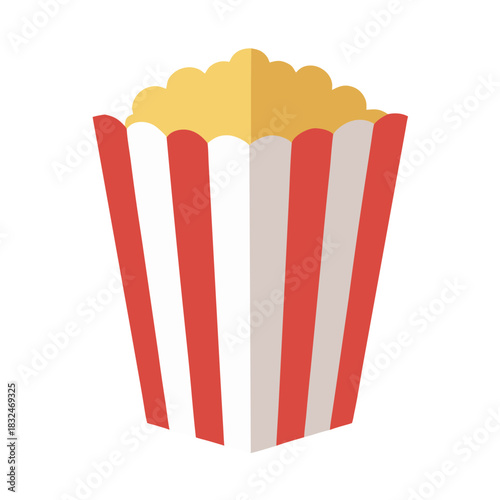 A classic movie theater popcorn container with red and white vertical stripes, filled with golden yellow popcorn overflowing from the top.
