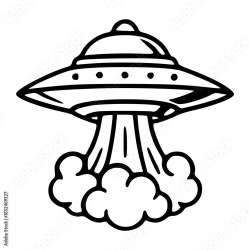 monochrome outline of an alien spaceship launching