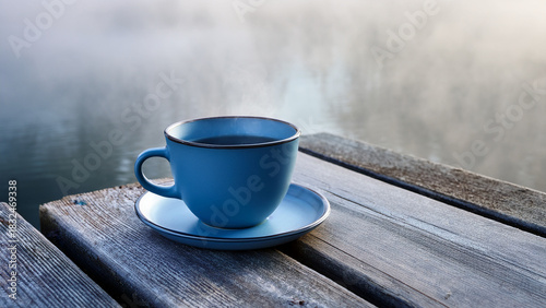 A steel-blue teacup placed on a wooden dock over calm river water, early foggy morning atmosphere, muted cool tones, gentle mist rising, tranquil minimalist composition, stillness and serenity emphasi