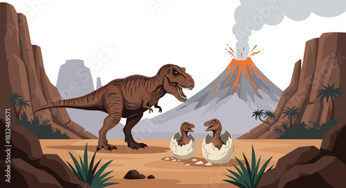 Tyrannosaurus Rex mother watching over her two babies hatching from eggs in a prehistoric landscape with an erupting volcano.