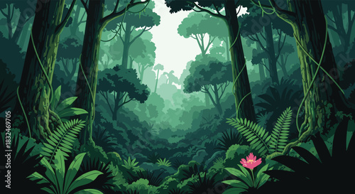 Deep and lush jungle landscape with dense green foliage, tall trees, hanging vines, and a single pink flower in the foreground.