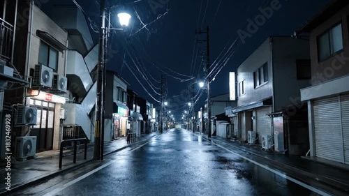 Rainy Night Street Scene in Japan with Reflections and Streetlights
