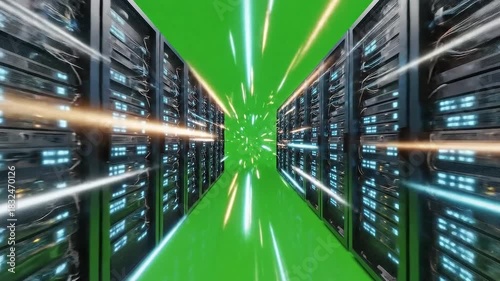 Data Center Servers Isolated on Green Screen Background with Light Streaks Showing Data Transfer for Technology and Network Visualization Applications