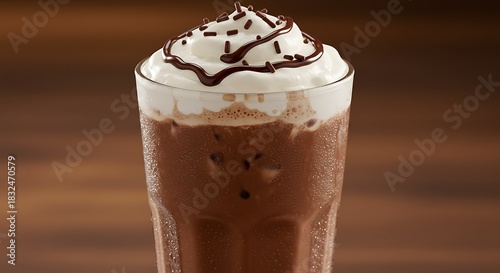 Refreshing iced beverage, chocolatey and topped with whipped cream and chocolate sprinkles
